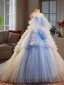 Elegant Sky Blue Cascading Ruffles Prom Dresses 2025 Ball Gown Off-The-Shoulder Short Sleeve Backless Sweep Train Formal Dresses