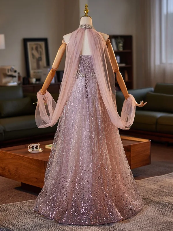 Fashion Blushing Pink Glitter Rhinestone Sequins Prom Dresses 2025 A-Line / Princess High Neck Sleeveless Backless Floor-Length / Long Tulle Prom Formal Dresses