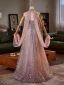 Fashion Blushing Pink Glitter Rhinestone Sequins Prom Dresses 2025 A-Line / Princess High Neck Sleeveless Backless Floor-Length / Long Tulle Prom Formal Dresses