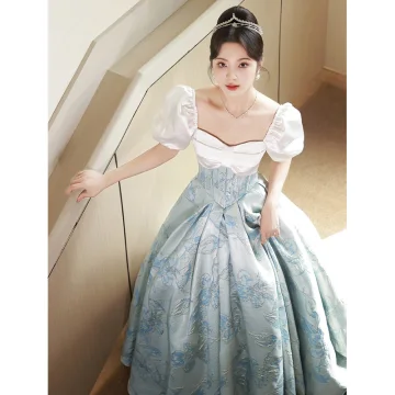 Chic Beautiful Sky Blue Prom Dresses 2023 A Line Princess Square Neckline Short Sleeve Backless Floor Length Long Prom Formal Dresses