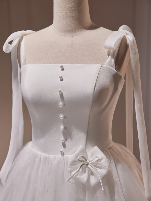Schön Weiß Schleife Perle Brautkleid Kurz 2023 Spaghettiträger Ärmellos Rückenfreies Kurze Brautkleider / Hochzeitskleider