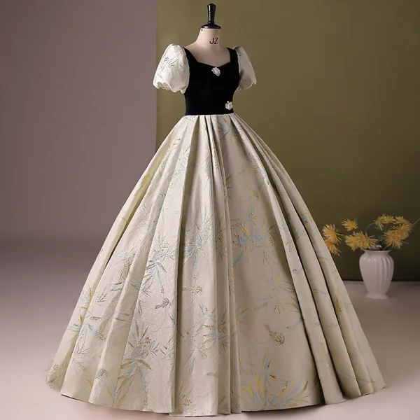 Elegant Sage Green Appliques Printing Prom Dresses 2024 Ball Gown Square Neckline Puffy Short Sleeve Backless Floor-Length / Long Prom Formal Dresses