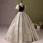 Elegant Sage Green Appliques Printing Prom Dresses 2024 Ball Gown Square Neckline Puffy Short Sleeve Backless Floor-Length / Long Prom Formal Dresses