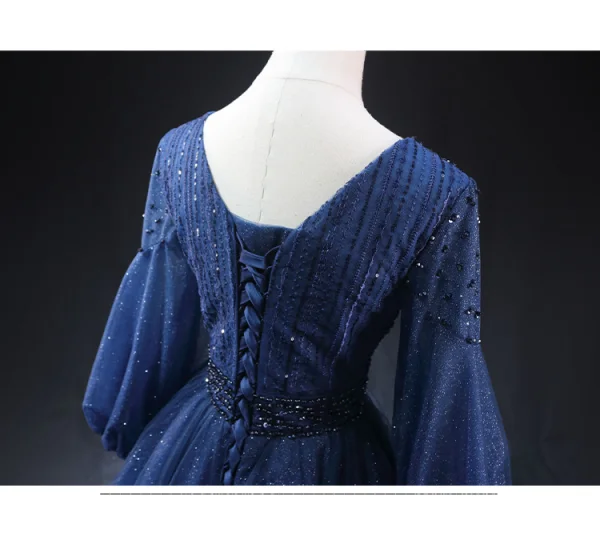 Vintage / Retro Navy Blue Beading Sequins Glitter Short Prom Dresses 2024 A-Line / Princess Scoop Neck Long Sleeve Backless Formal Dresses