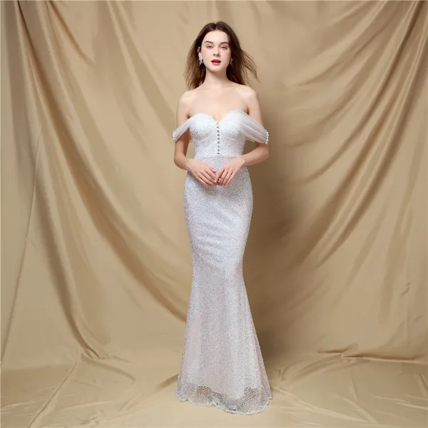 Charming Gold Sequins Evening Dresses 2022 Trumpet / Mermaid Off-The-Shoulder Sleeveless Backless Floor-Length / Long Evening Party Formal Dresses