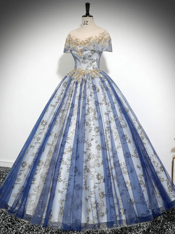 Vintage / Retro Sky Blue Beading Sequins Lace Flower Prom Dresses 2024 Ball Gown Scoop Neck Short Sleeve Backless Floor-Length / Long Prom Formal Dresses