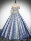 Vintage / Retro Sky Blue Beading Sequins Lace Flower Prom Dresses 2024 Ball Gown Scoop Neck Short Sleeve Backless Floor-Length / Long Prom Formal Dresses