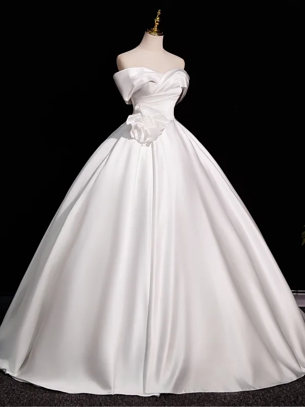 Elegant White Satin Flower Prom Dresses 2025 Ball Gown Off-The-Shoulder Short Sleeve Backless Floor-Length / Long Prom Formal Dresses