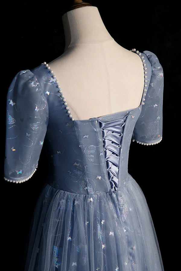 Chic / Beautiful Sky Blue Butterfly Sequins Prom Dresses 2023 A-Line / Princess Square Neckline Pearl Short Sleeve Backless Floor-Length / Long Prom Formal Dresses