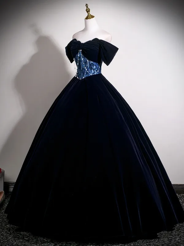 Vintage / Retro Navy Blue Velvet Prom Dresses 2025 Ball Gown Off-The-Shoulder Short Sleeve Backless Floor-Length / Long Prom Formal Dresses