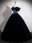 Vintage / Retro Navy Blue Velvet Prom Dresses 2025 Ball Gown Off-The-Shoulder Short Sleeve Backless Floor-Length / Long Prom Formal Dresses