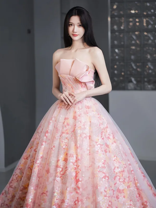 Charming Candy Pink Appliques Prom Dresses 2024 Ball Gown Strapless Sleeveless Backless Floor-Length / Long Prom Formal Dresses