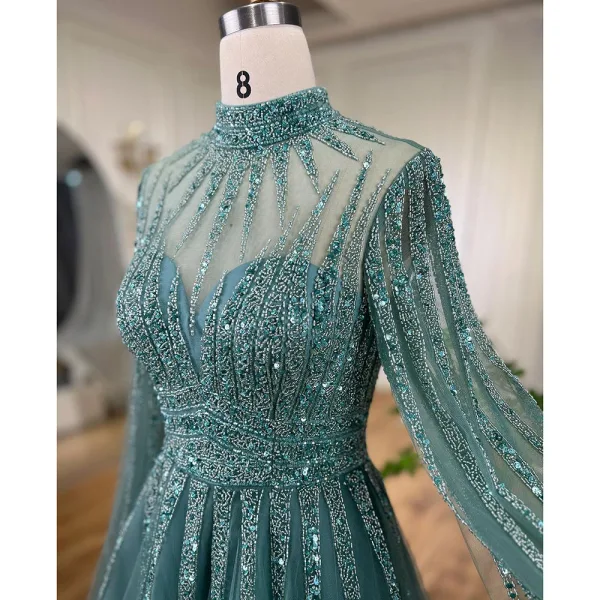 High End Elegante Lindgrün Handgefertigt Perlenstickerei Pailletten Ballkleider 2024 A Linie Stehkragen Lange Ärmel Sweep / Pinsel Zug Ball Festliche Kleider