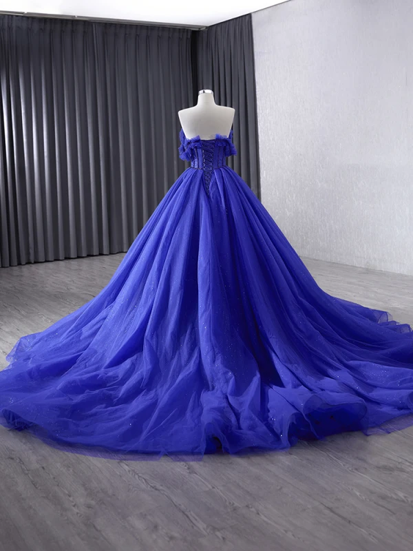 High-end Kongeblå Glitter Håndlavet Beading Rhinestone Gallakjoler 2024 Balkjole Stropløs Ærmeløs Halterneck Chapel Train Galla Kjoler