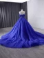 High-end Kongeblå Glitter Håndlavet Beading Rhinestone Gallakjoler 2024 Balkjole Stropløs Ærmeløs Halterneck Chapel Train Galla Kjoler