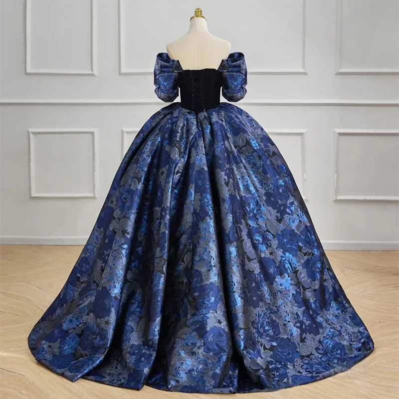 Elegant Ocean Blue Winter Printing Prom Dresses 2023 Ball Gown Off-The-Shoulder Short