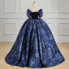 Elegant Ocean Blue Winter Printing Prom Dresses 2023 Ball Gown Off-The-Shoulder Rhinestone Short Sleeve Backless Floor-Length / Long Prom Formal Dresses