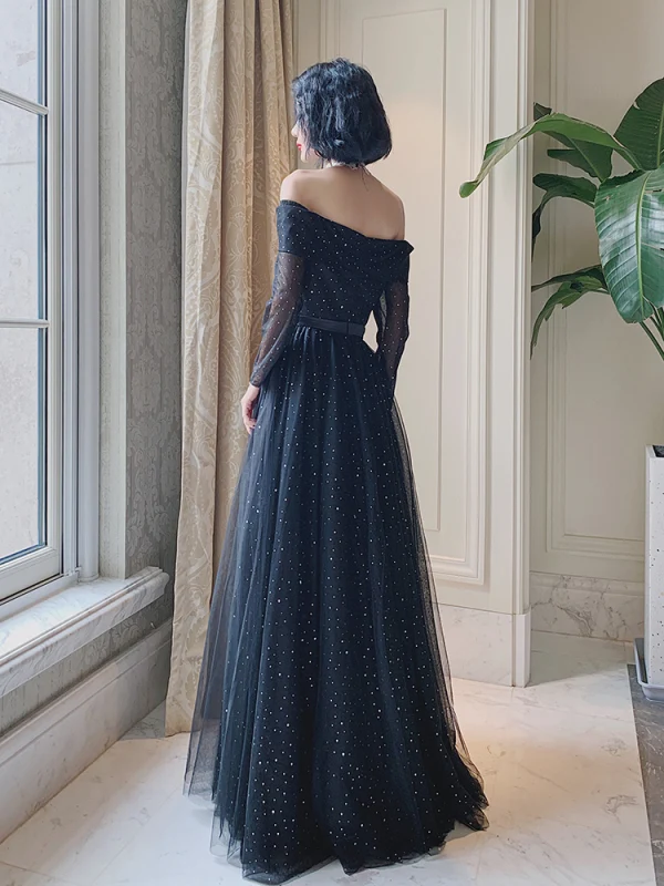 Chic / Belle Noire Paillettes Robe De Bal 2022 Princesse De l'épaule Manches Longues Dos Nu Ceinture Longue Promo Robe De Ceremonie
