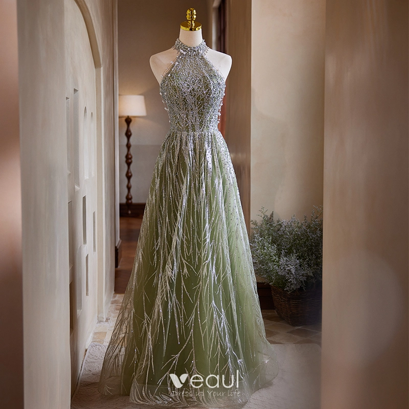 Sparkly Sage Green Beading Pearl Glitter Prom Dresses 2024 A-Line /  Princess Halter Sleeveless Backless Floor-Length / Long Prom Formal Dresses