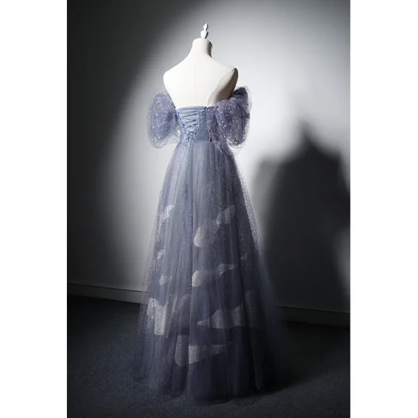 Charmant Océan Bleu Perlage Perle Paillettes Robe De Soirée 2022 Princesse De l'épaule Manches Courtes Dos Nu Longue Promo Robe De Ceremonie