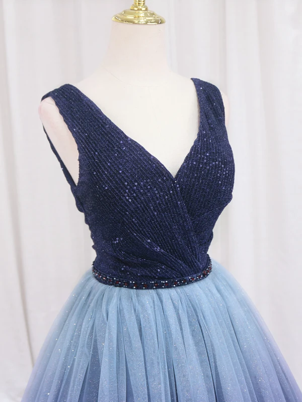 Vintage / Retro Navy Blue Beading Sequins Prom Dresses 2024 Ball Gown V-Neck Sleeveless Backless Floor-Length / Long Prom Formal Dresses