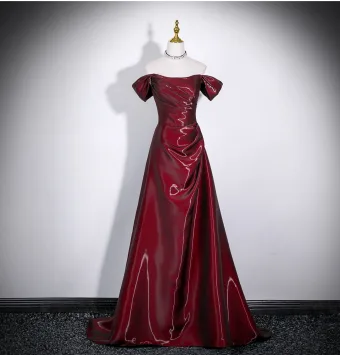 Modest Simple Burgundy Prom Dresses 2026 A Line Princess Off The Shoulder Cap Sleeves Backless Floor Length Long Formal Dresses