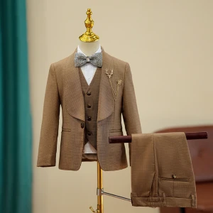Fashion Brown 6 Piece Birthday Bow Boys Wedding Suits 2023 Body Jewellery Coat Pants Shirt Tie Vest