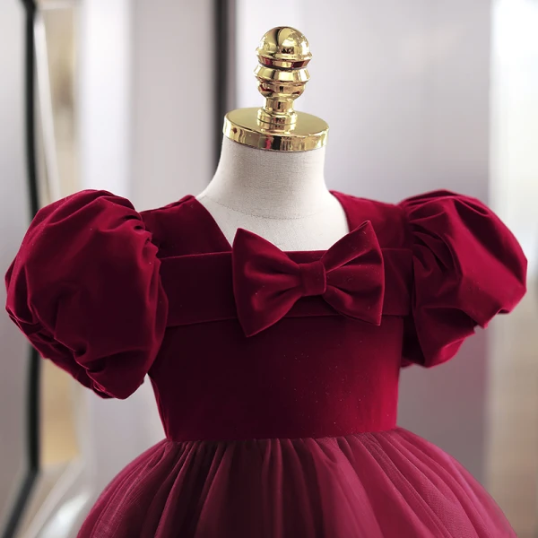 Chic / Beautiful Burgundy Suede Birthday Short Flower Girl Dresses 2022 Ball Gown Square Neckline Puffy Short Sleeve Bow Flower Girl Dresses