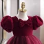 Chic / Beautiful Burgundy Suede Birthday Short Flower Girl Dresses 2022 Ball Gown Square Neckline Puffy Short Sleeve Bow Flower Girl Dresses