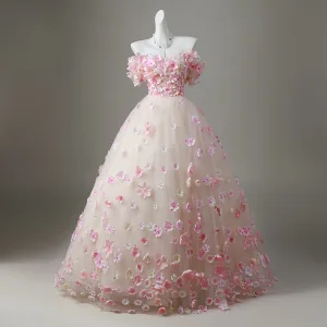 Fée Des Fleurs Rougissant Rose Perle Appliques Robe De Bal 2026 Robe Boule De L Épaule Manches Courtes Dos Nu Longue Robe De Ceremonie