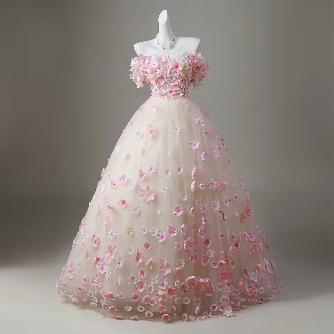 strapless open back dress Charming A-line V-neck Open Back Pink Flower Lace Prom Dresses, Fairy –  Musebridals main image 1