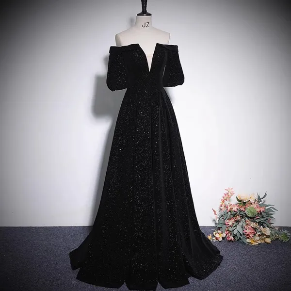 Audrey Hepburn Style Black Sequins Velvet Evening Dresses 2023 Off-The-Shoulder A-Line / Princess Short Sleeve Backless Floor-Length / Long Evening Party Formal Dresses