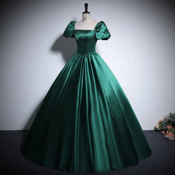 Vintage / Retro Dark Green Satin Prom Dresses 2024 Ball Gown Square Neckline Short Sleeve Backless Bow Floor-Length / Long Prom Formal Dresses