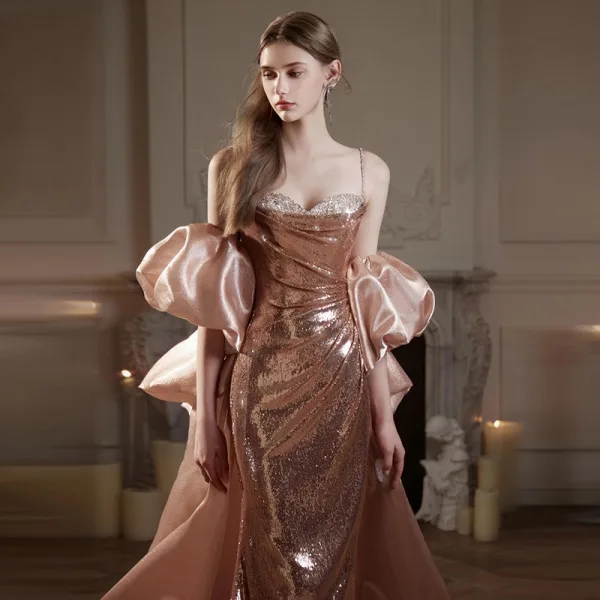 Charming Sexy Rose Gold Sequins Evening Dresses 2025 Trumpet / Mermaid Spaghetti Straps Puffy Short Sleeve Backless Sweep Train Evening Party Formal Dresses