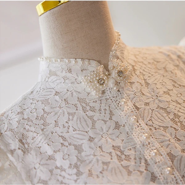 Elegant Chinese style White Pearl Lace Flower Wedding Dresses 2023 A-Line / Princess High Neck Puffy Short Sleeve Backless Bow Sweep Train Wedding