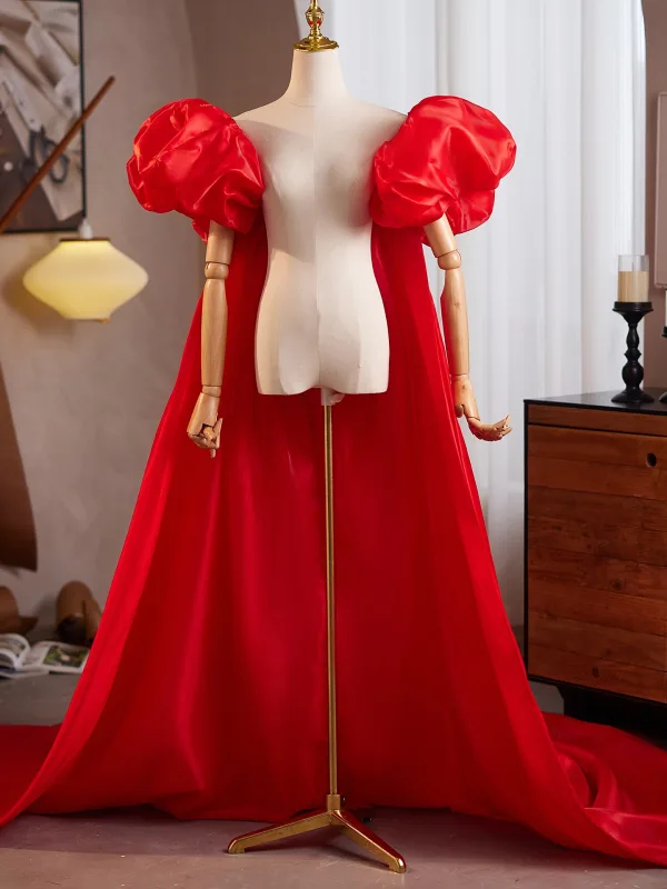 Chic / Beautiful Red Handmade Prom Jackets & wraps 2025 Puffy Short Sleeve