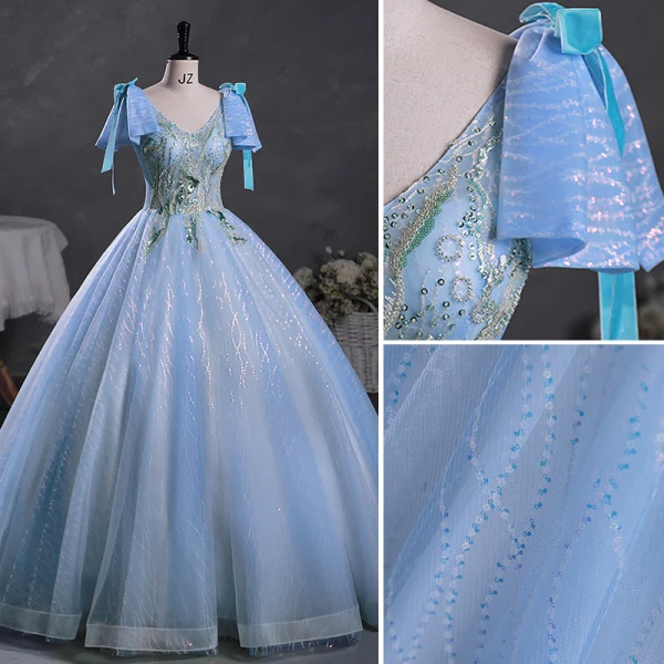 Fashion Sky Blue Beading Sequins Prom Dresses 2023 Ball Gown V-Neck Bow Short Sleeve Backless Floor-Length / Long Prom Formal Dresses