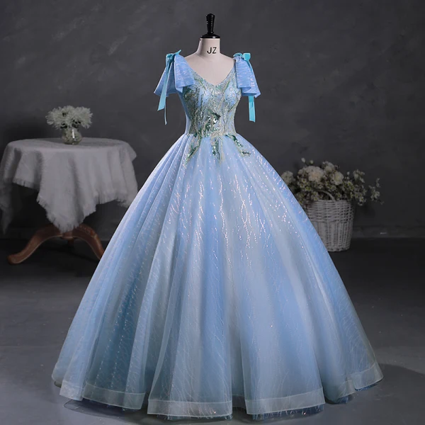 Fashion Sky Blue Beading Sequins Prom Dresses 2023 Ball Gown V-Neck Bow Short Sleeve Backless Floor-Length / Long Prom Formal Dresses