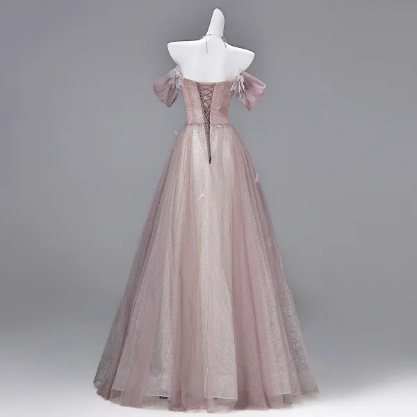 Chic / Beautiful Blushing Pink Sequins Lace Flower Butterfly Appliques Prom Dresses 2026 A-Line / Princess Off-The-Shoulder Short Sleeve Backless Floor-Length / Long Formal Dresses