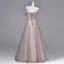 Chic / Beautiful Blushing Pink Sequins Lace Flower Butterfly Appliques Prom Dresses 2026 A-Line / Princess Off-The-Shoulder Short Sleeve Backless Floor-Length / Long Formal Dresses