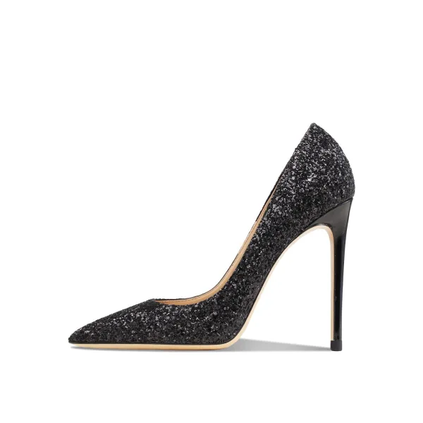 Bling Bling Black Sequins Evening Party Pumps 2024 Leather 10 cm Stiletto Heels Pointed Toe Pumps High Heels