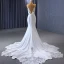 High End Weiß Satin Spitze Blumen Brautkleider / Hochzeitskleider 2023 Meerjungfrau Spaghettiträger Ärmellos Rückenfreies Kapelle-Schleppe Hochzeit