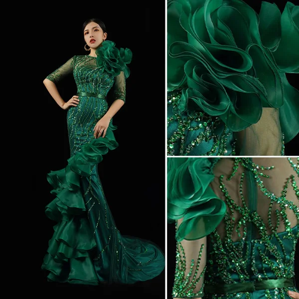 Haut de Gamme Noire Fait main Perlage Paillettes Robe De Soirée 2023 Trompette / Sirène Encolure Dégagée Appliques 1/2 Manches Ceinture Train De Balayage Soirée Robe De Ceremonie
