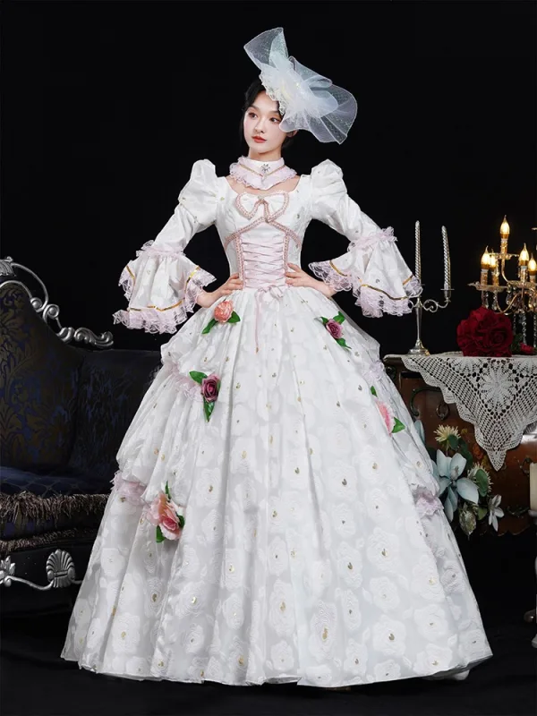 Medieval Vintage / Retro White Lace Flower Appliques Prom Dresses 2025 Ball Gown High Neck Bell sleeves Floor-Length / Long Prom Formal Dresses