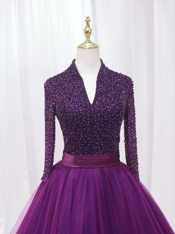 Vintage / Retro Purple Beading Sequins Prom Dresses 2024 Ball Gown High Neck Long Sleeve Backless Floor-Length / Long Prom Formal Dresses
