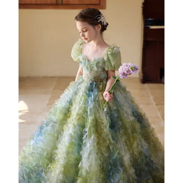 Flower Fairy Sage Green Beading Sequins Appliques Birthday Flower Girl Dresses 2025 Ball Gown Scoop Neck Short Sleeve Backless Floor-Length / Long