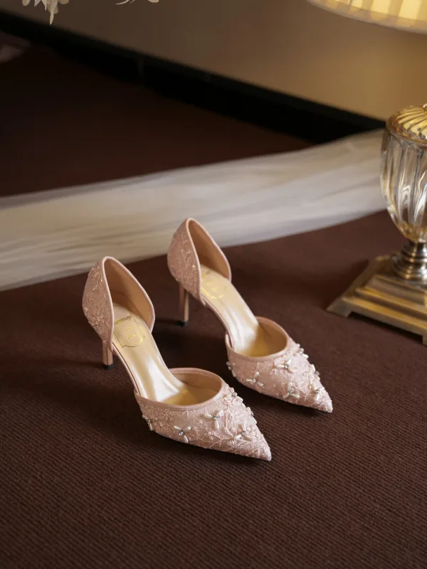 Elegant White Pearl Rhinestone Lace Flower Leather Wedding Shoes 2026 8 cm Stiletto Heels Pointed Toe Wedding High Heels