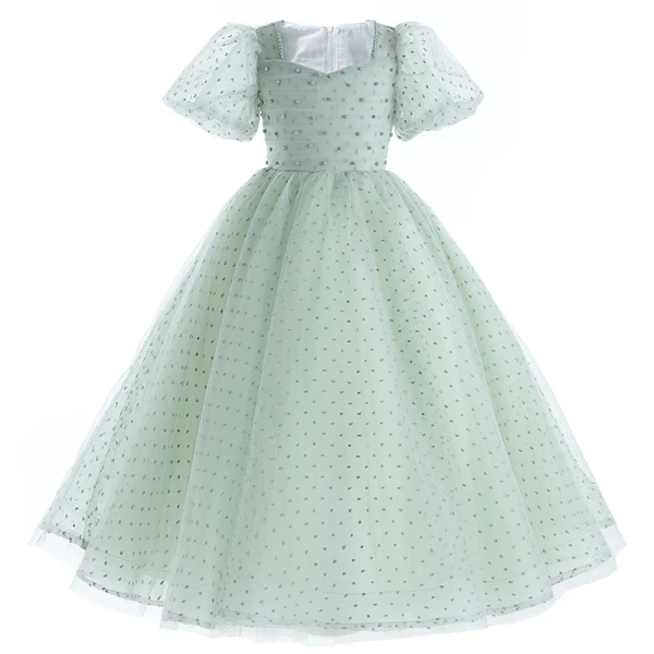 Modest / Simple Sage Green Pearl Birthday Flower Girl Dresses 2024 Ball Gown Square Neckline Short Sleeve Floor-Length / Long