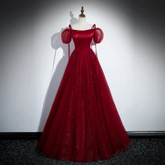 Mooie Prachtige Bordeaux Pailletten Galajurken 2023 A Lijn Rhinestone Spaghettibandjes Gezwollen Korte Mouwen Ruglooze Lange Gala Gelegenheid Jurken