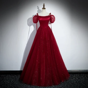 Chic Belle Bordeaux Paillettes Robe De Bal 2023 Princesse Faux Diamant Bretelles Spaghetti Gonflée Manches Courtes Dos Nu Longue Promo Robe De Ceremonie